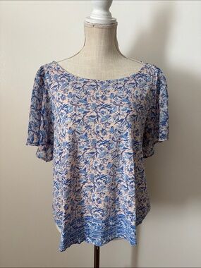 Lucky Brand Blue and Cream Floral Flutter-Sleeve Blouse